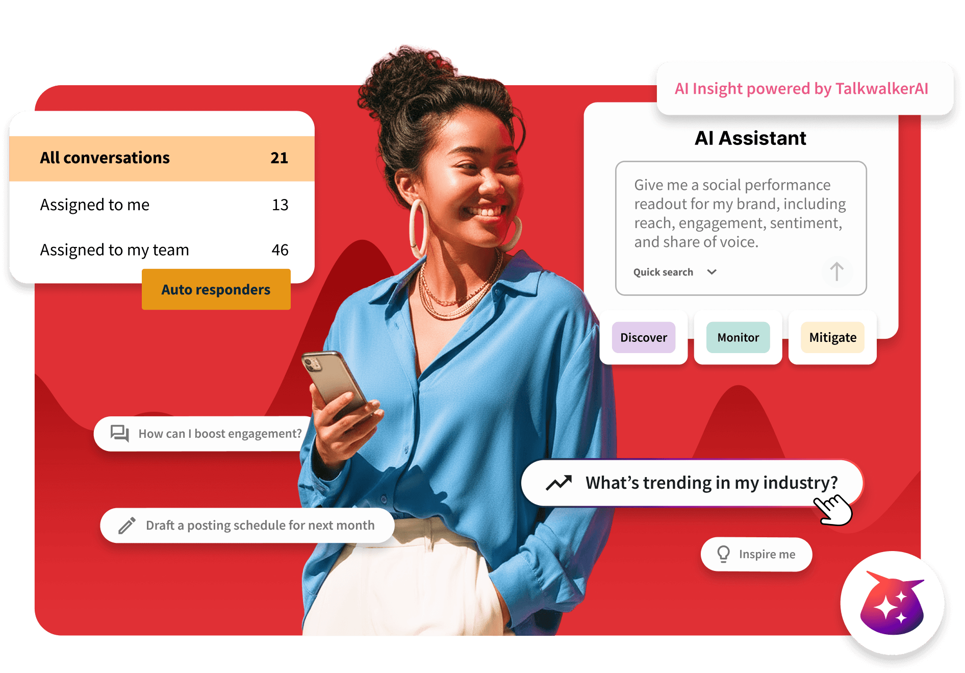 Woman in blue shirt holding phone, surrounded by TalkwalkerAI social media management dashboard UI on red background.